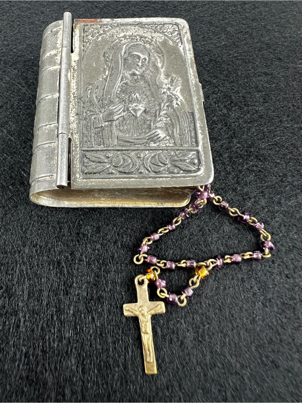 Antique Czech Metal Book Rosary Case w/ Miniature Purple Glass Rosary